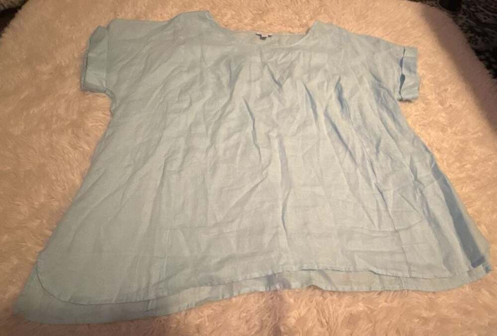 pureJill Linen Light Blue Short Sleeve Swing Blouse